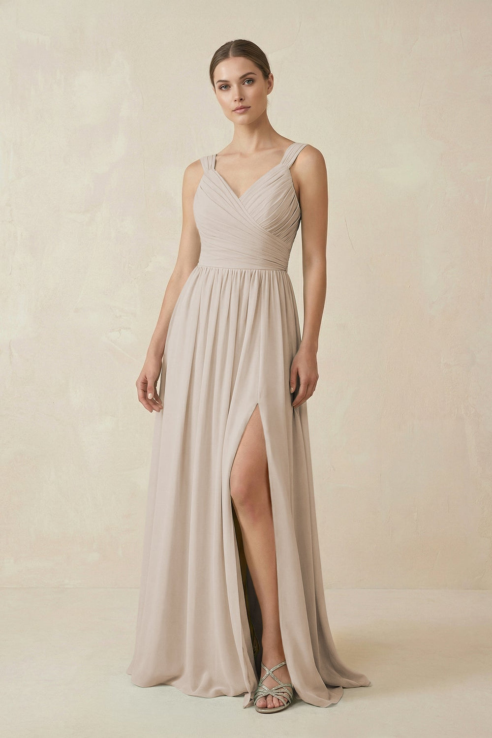 A - Line Pleated Chiffon Long Bridesmaid Dress in Frost - SHE IS ME Bridesmaid Dresses