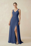 A - Line Pleated Chiffon Long Bridesmaid Dress in Navy - SHE IS ME Bridesmaid Dresses