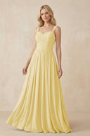 A - Line Pleated Chiffon Long Bridesmaid Dress in Pastel Yellow - SHE IS ME Bridesmaid Dresses