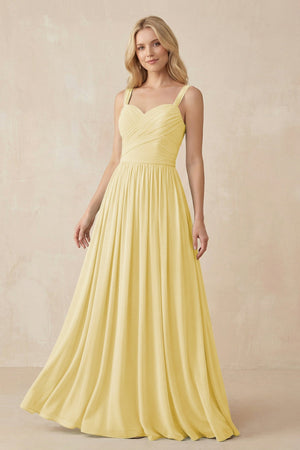 A - Line Pleated Chiffon Long Bridesmaid Dress in Pastel Yellow - SHE IS ME Bridesmaid Dresses