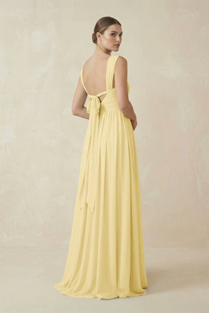 A - Line Pleated Chiffon Long Bridesmaid Dress in Pastel Yellow - SHE IS ME Bridesmaid Dresses