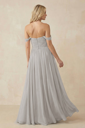A - Line Pleated Chiffon Long Bridesmaid Dress in Silver - SHE IS ME Bridesmaid Dresses