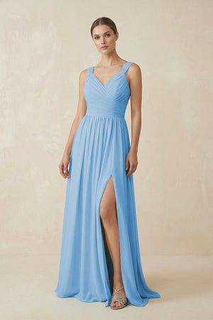A - Line Pleated Chiffon Long Bridesmaid Dress in Steel Blue - SHE IS ME Bridesmaid Dresses