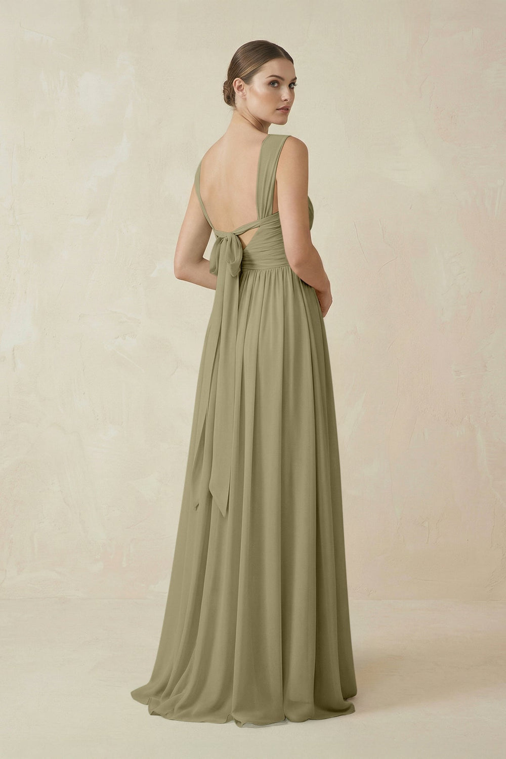 A - Line Pleated Chiffon Long Bridesmaid Dress in Thyme - SHE IS ME Bridesmaid Dresses