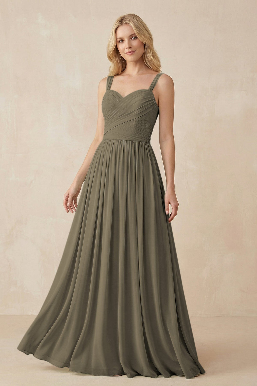 A - Line Pleated Chiffon Long Bridesmaid Dress in Willow Green - SHE IS ME Bridesmaid Dresses