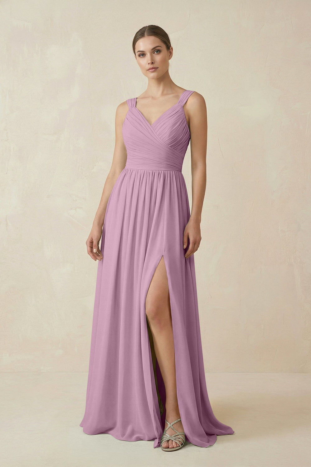 A - Line Pleated Chiffon Long Bridesmaid Dress in Wisteria - SHE IS ME Bridesmaid Dresses