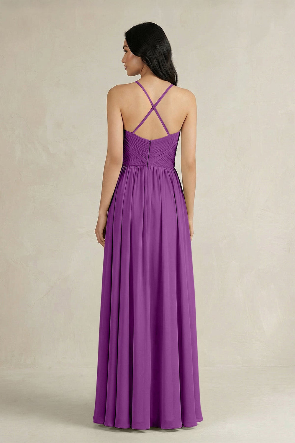 A - Line Pleated Spaghetti Strap Chiffon Bridesmaid Dress in Amethyst - SHE IS ME Bridesmaid Dresses