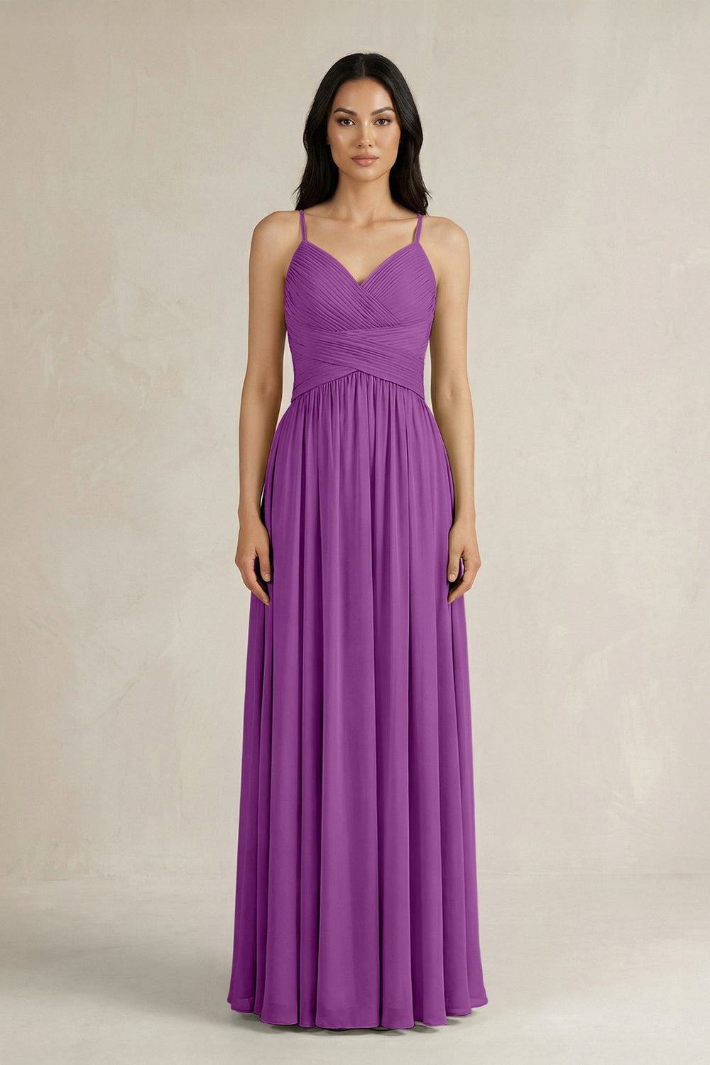 A - Line Pleated Spaghetti Strap Chiffon Bridesmaid Dress in Amethyst - SHE IS ME Bridesmaid Dresses