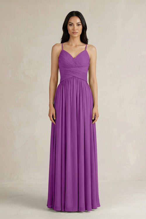 A - Line Pleated Spaghetti Strap Chiffon Bridesmaid Dress in Amethyst - SHE IS ME Bridesmaid Dresses