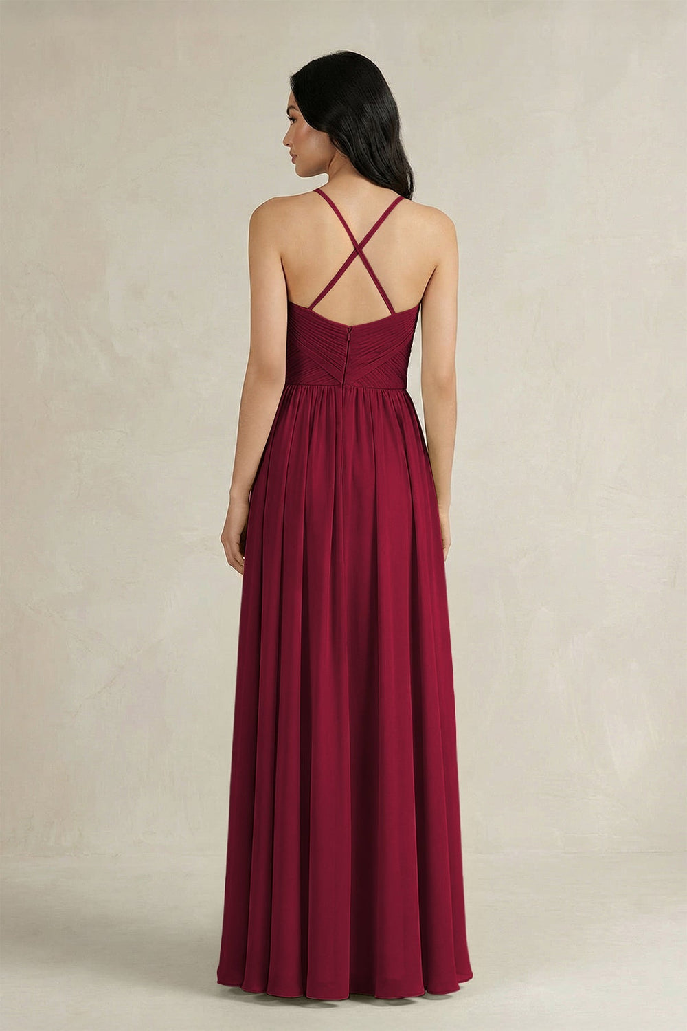 A - Line Pleated Spaghetti Strap Chiffon Bridesmaid Dress in Berry - SHE IS ME Bridesmaid Dresses