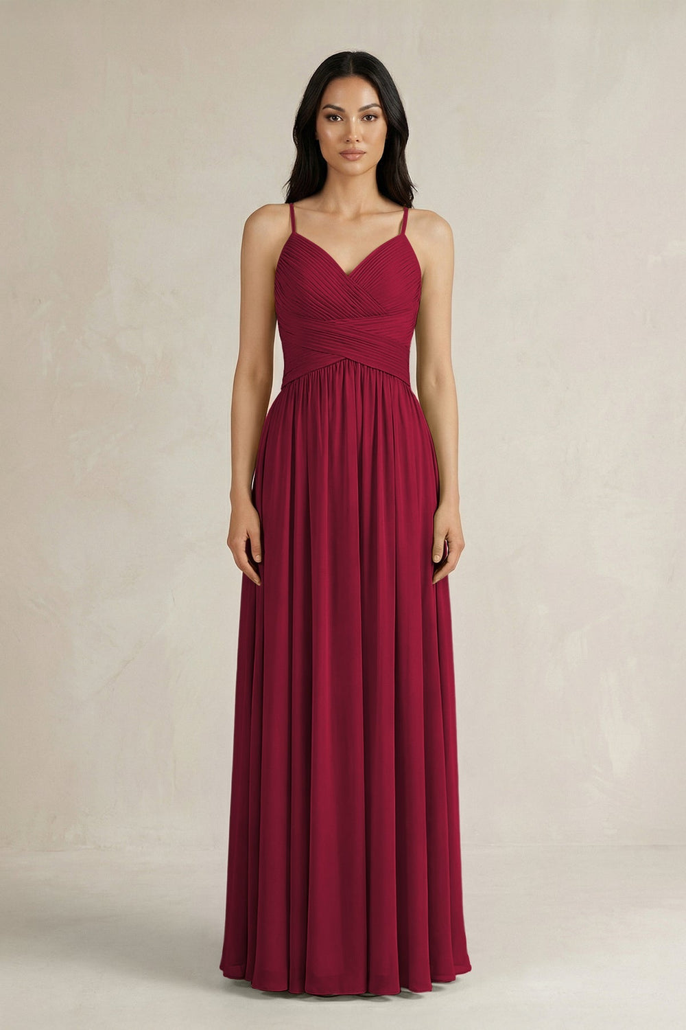 A - Line Pleated Spaghetti Strap Chiffon Bridesmaid Dress in Berry - SHE IS ME Bridesmaid Dresses