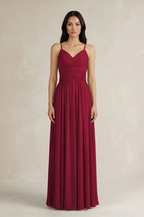 A - Line Pleated Spaghetti Strap Chiffon Bridesmaid Dress in Berry - SHE IS ME Bridesmaid Dresses