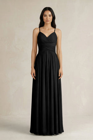 A - Line Pleated Spaghetti Strap Chiffon Bridesmaid Dress in Black - SHE IS ME Bridesmaid Dresses