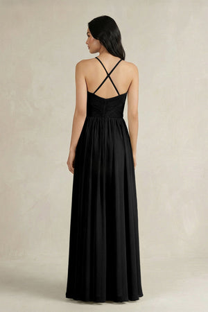 A - Line Pleated Spaghetti Strap Chiffon Bridesmaid Dress in Black - SHE IS ME Bridesmaid Dresses