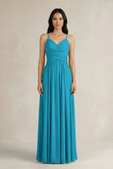 A - Line Pleated Spaghetti Strap Chiffon Bridesmaid Dress in Blue Jay - SHE IS ME Bridesmaid Dresses