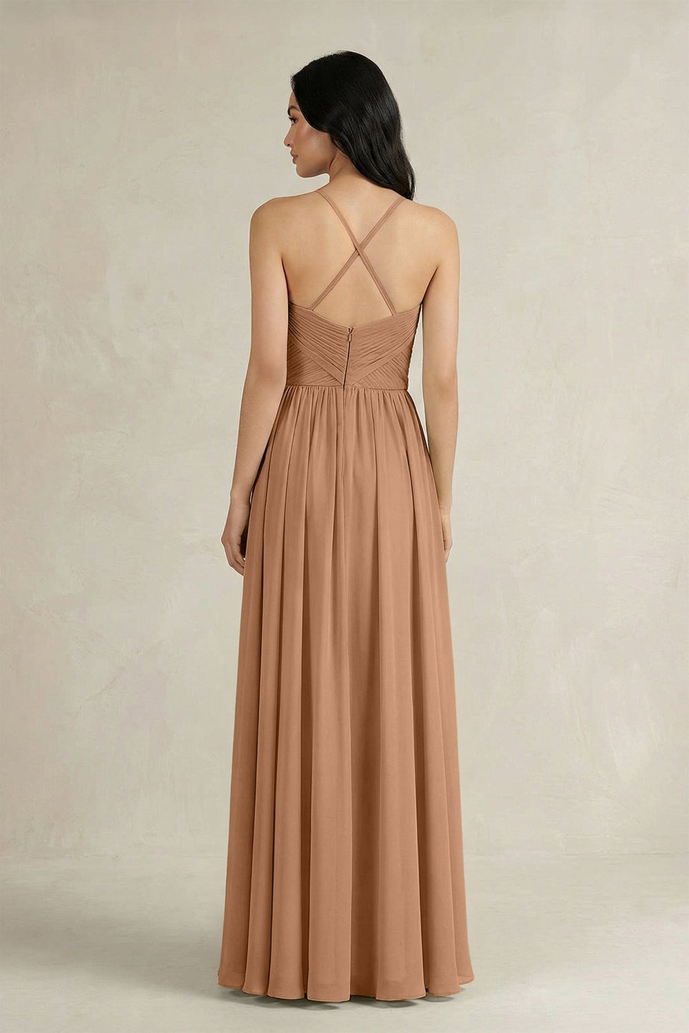 A - Line Pleated Spaghetti Strap Chiffon Bridesmaid Dress in Bronzer - SHE IS ME Bridesmaid Dresses