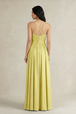 A - Line Pleated Spaghetti Strap Chiffon Bridesmaid Dress in Buttercup - SHE IS ME Bridesmaid Dresses