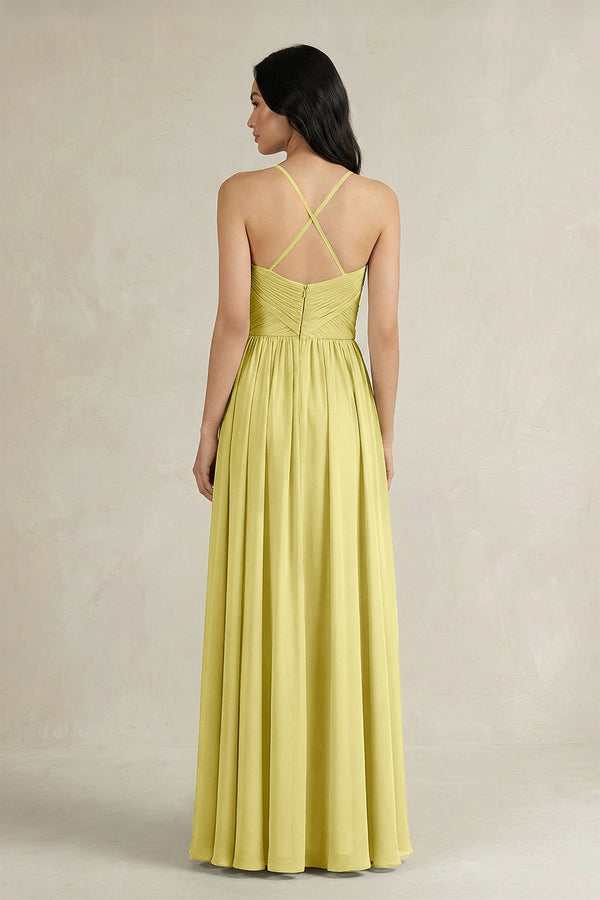 A - Line Pleated Spaghetti Strap Chiffon Bridesmaid Dress in Buttercup - SHE IS ME Bridesmaid Dresses