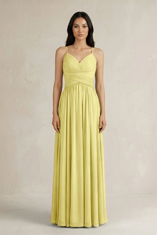 A - Line Pleated Spaghetti Strap Chiffon Bridesmaid Dress in Buttercup - SHE IS ME Bridesmaid Dresses