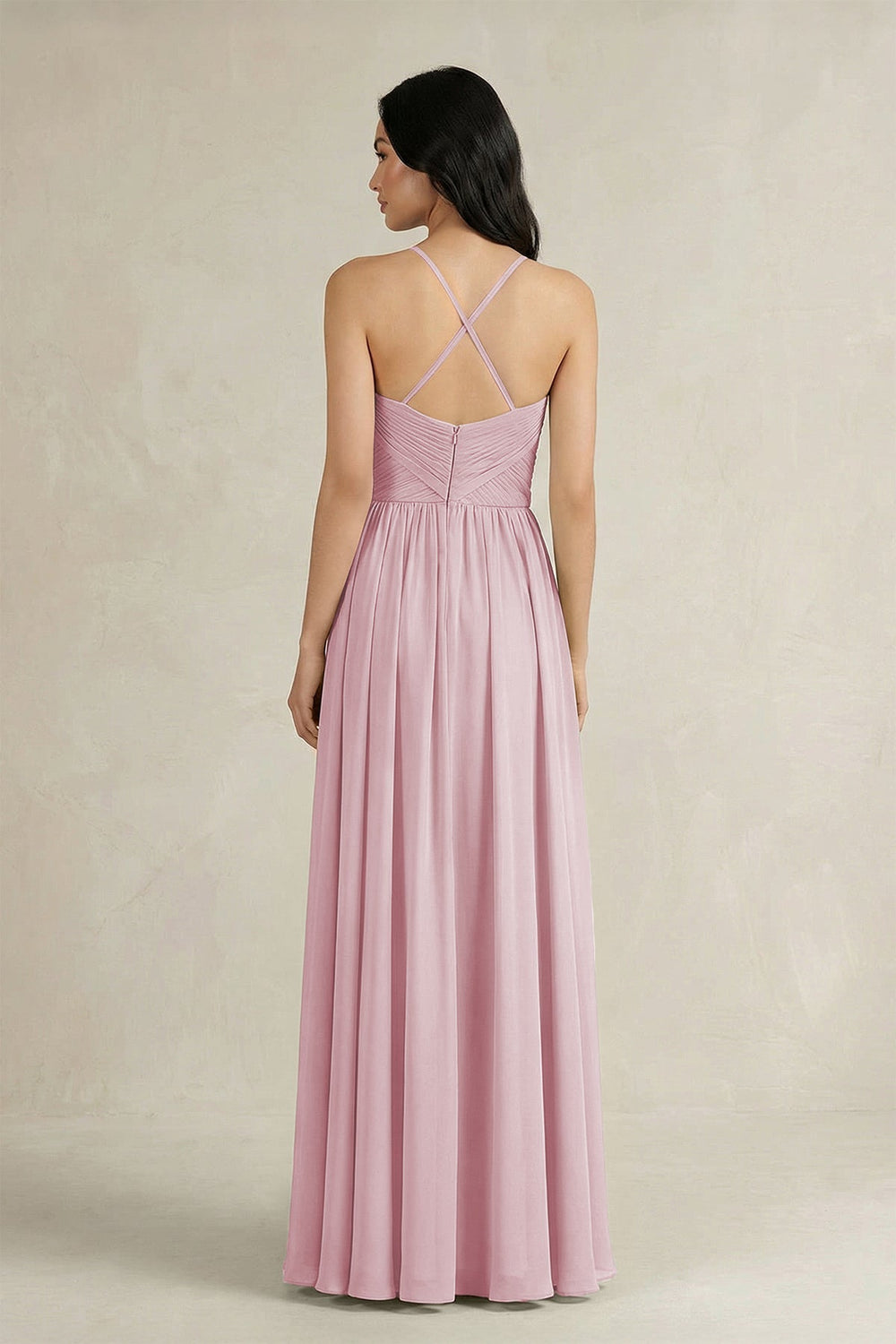 A - Line Pleated Spaghetti Strap Chiffon Bridesmaid Dress in Candy Pink - SHE IS ME Bridesmaid Dresses