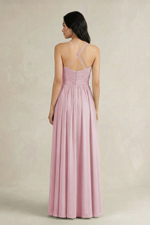 A - Line Pleated Spaghetti Strap Chiffon Bridesmaid Dress in Candy Pink - SHE IS ME Bridesmaid Dresses