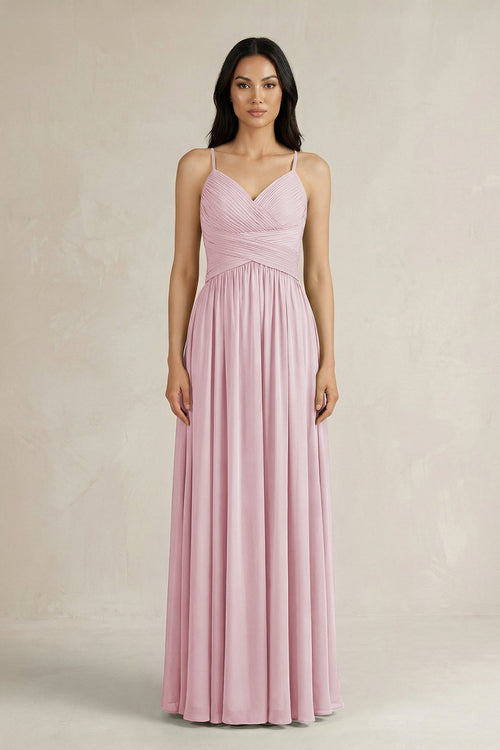 A - Line Pleated Spaghetti Strap Chiffon Bridesmaid Dress in Candy Pink - SHE IS ME Bridesmaid Dresses
