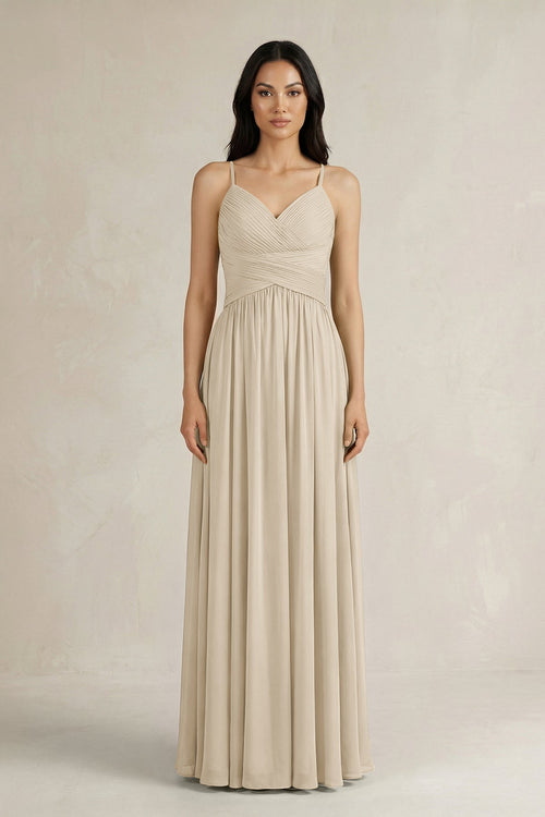 A - Line Pleated Spaghetti Strap Chiffon Bridesmaid Dress in Champagne - SHE IS ME Bridesmaid Dresses