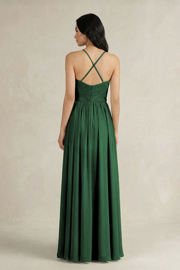 A - Line Pleated Spaghetti Strap Chiffon Bridesmaid Dress in Dark Green - SHE IS ME Bridesmaid Dresses