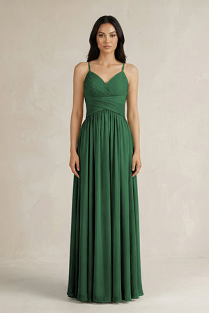 A - Line Pleated Spaghetti Strap Chiffon Bridesmaid Dress in Dark Green - SHE IS ME Bridesmaid Dresses