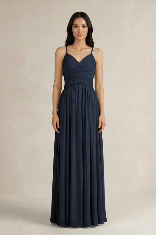 A - Line Pleated Spaghetti Strap Chiffon Bridesmaid Dress in Dark Navy - SHE IS ME Bridesmaid Dresses