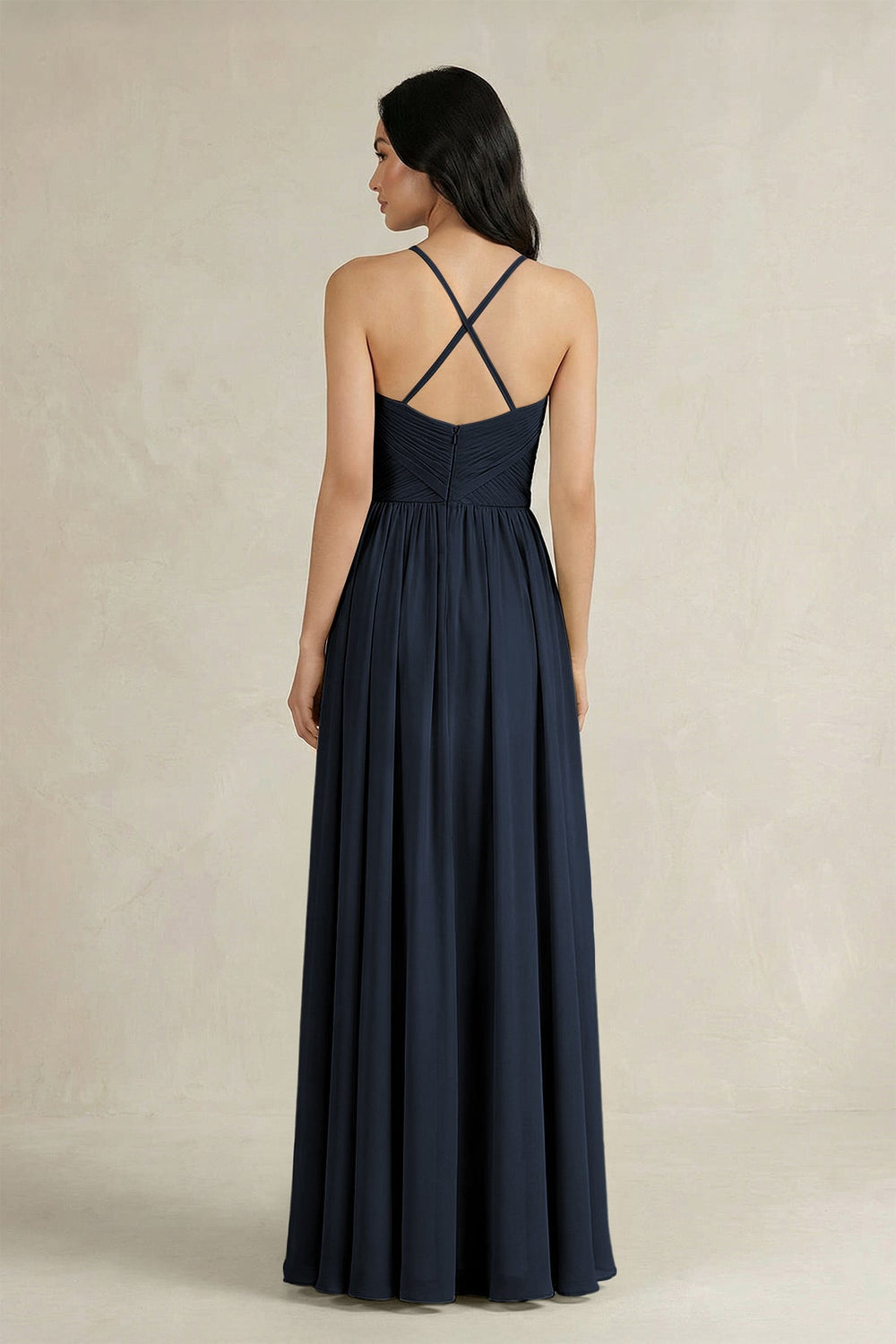 A - Line Pleated Spaghetti Strap Chiffon Bridesmaid Dress in Dark Navy - SHE IS ME Bridesmaid Dresses