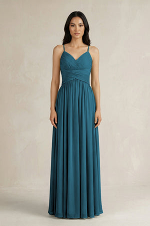 A - Line Pleated Spaghetti Strap Chiffon Bridesmaid Dress in Dark Teal - SHE IS ME Bridesmaid Dresses