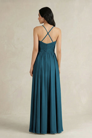 A - Line Pleated Spaghetti Strap Chiffon Bridesmaid Dress in Dark Teal - SHE IS ME Bridesmaid Dresses