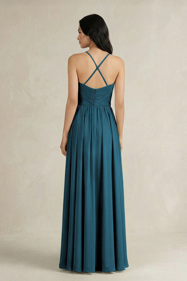 A - Line Pleated Spaghetti Strap Chiffon Bridesmaid Dress in Dark Teal - SHE IS ME Bridesmaid Dresses