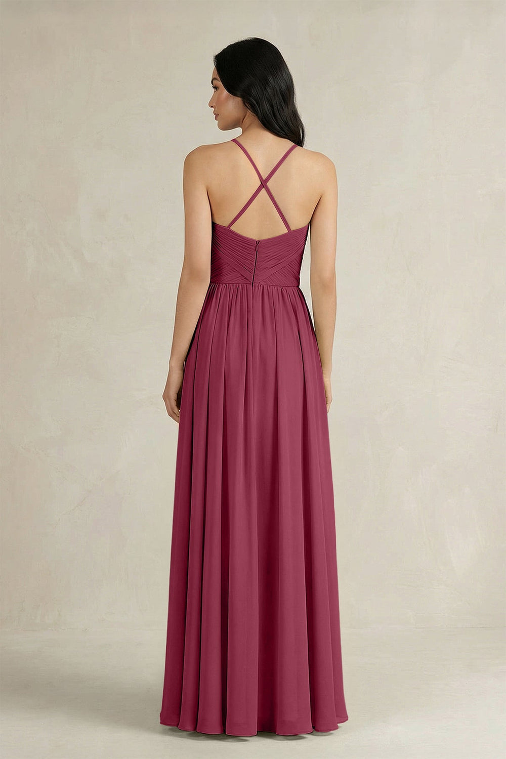 A - Line Pleated Spaghetti Strap Chiffon Bridesmaid Dress in Desert Rose - SHE IS ME Bridesmaid Dresses