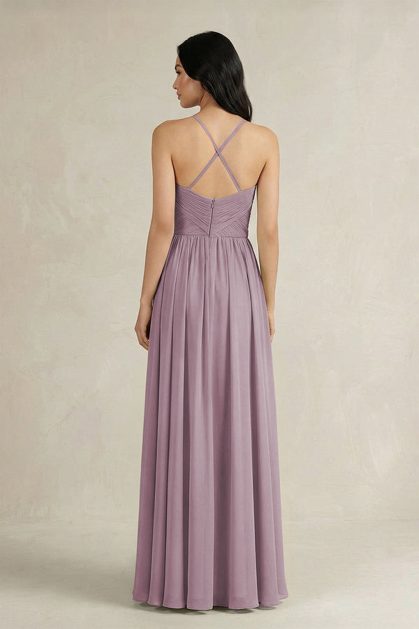 A - Line Pleated Spaghetti Strap Chiffon Bridesmaid Dress in Dusk - SHE IS ME Bridesmaid Dresses