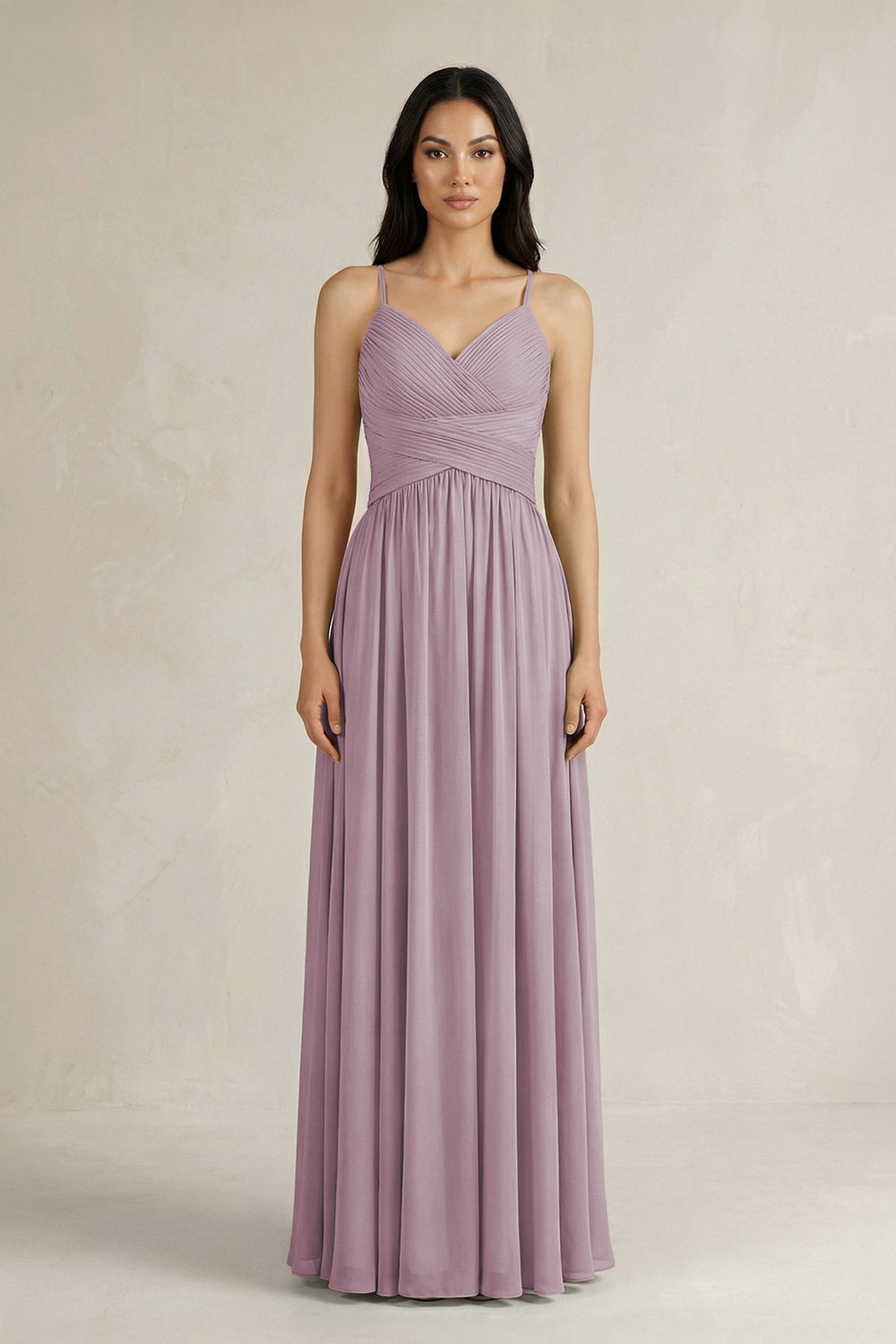 A - Line Pleated Spaghetti Strap Chiffon Bridesmaid Dress in Dusk - SHE IS ME Bridesmaid Dresses