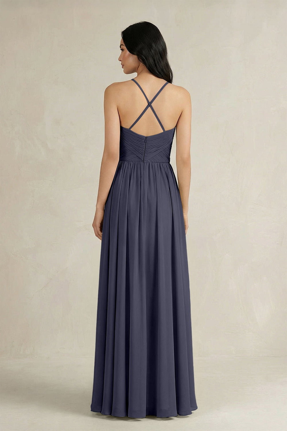 A - Line Pleated Spaghetti Strap Chiffon Bridesmaid Dress in Dusk Blue - SHE IS ME Bridesmaid Dresses