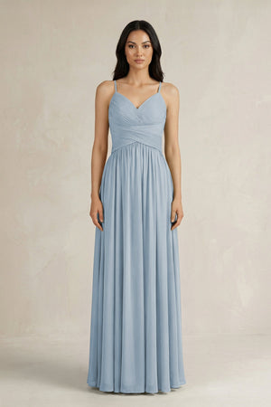 A - Line Pleated Spaghetti Strap Chiffon Bridesmaid Dress in Dusty Blue - SHE IS ME Bridesmaid Dresses