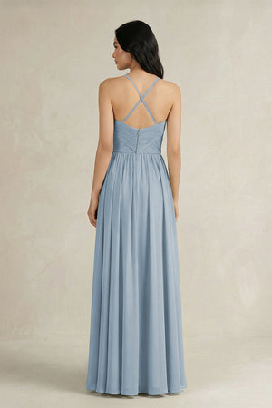 A - Line Pleated Spaghetti Strap Chiffon Bridesmaid Dress in Dusty Blue - SHE IS ME Bridesmaid Dresses