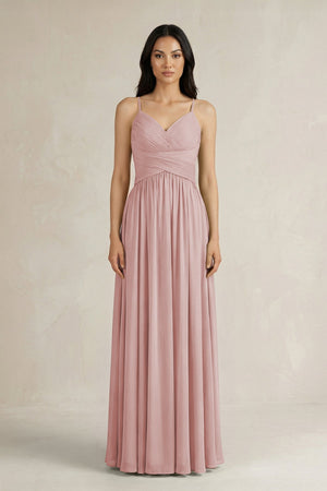 A - Line Pleated Spaghetti Strap Chiffon Bridesmaid Dress in Dusty Rose - SHE IS ME Bridesmaid Dresses