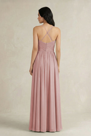 A - Line Pleated Spaghetti Strap Chiffon Bridesmaid Dress in Dusty Rose - SHE IS ME Bridesmaid Dresses