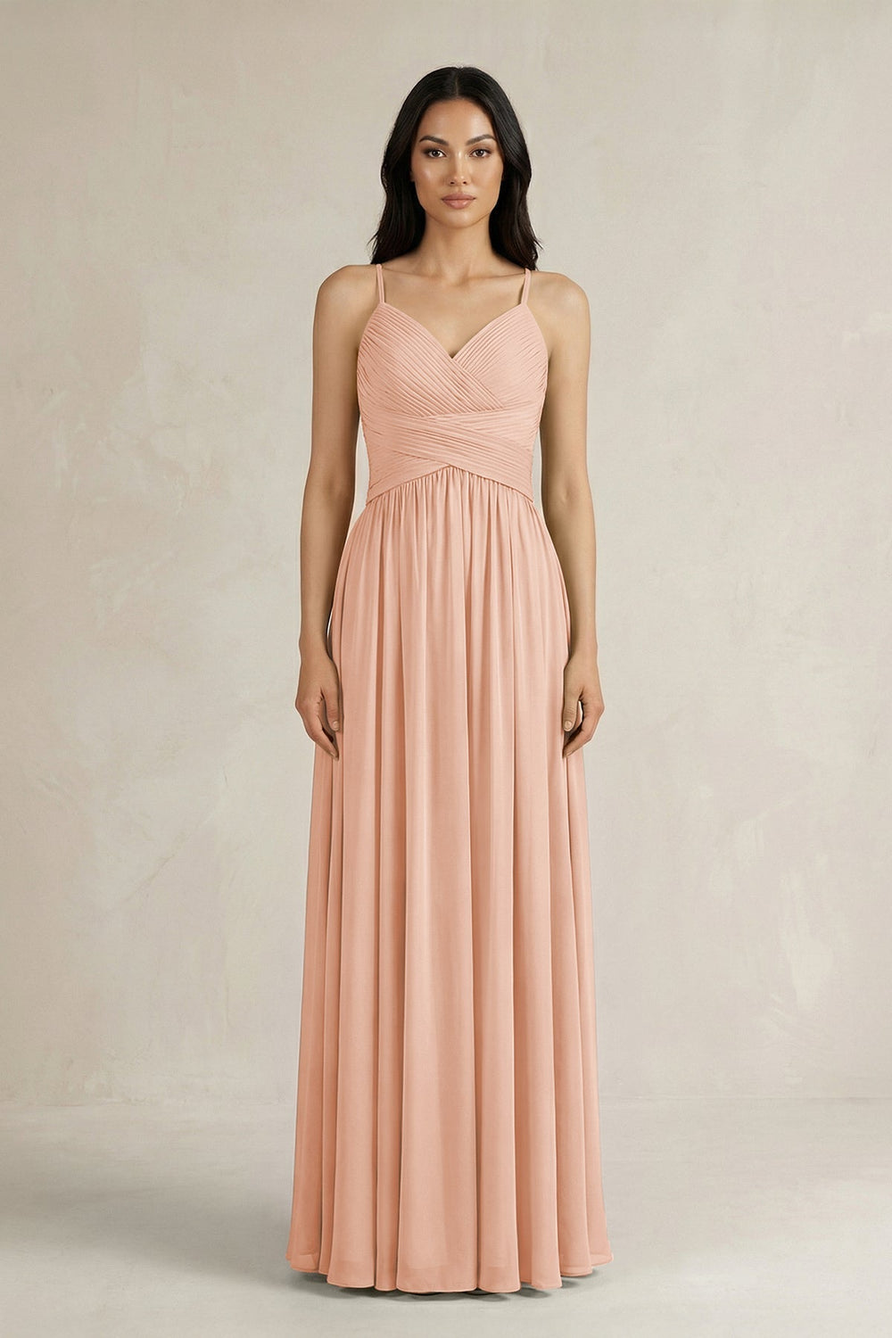 A - Line Pleated Spaghetti Strap Chiffon Bridesmaid Dress in English Rose - SHE IS ME Bridesmaid Dresses