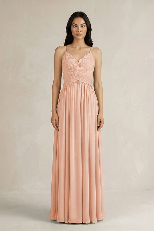 A - Line Pleated Spaghetti Strap Chiffon Bridesmaid Dress in English Rose - SHE IS ME Bridesmaid Dresses