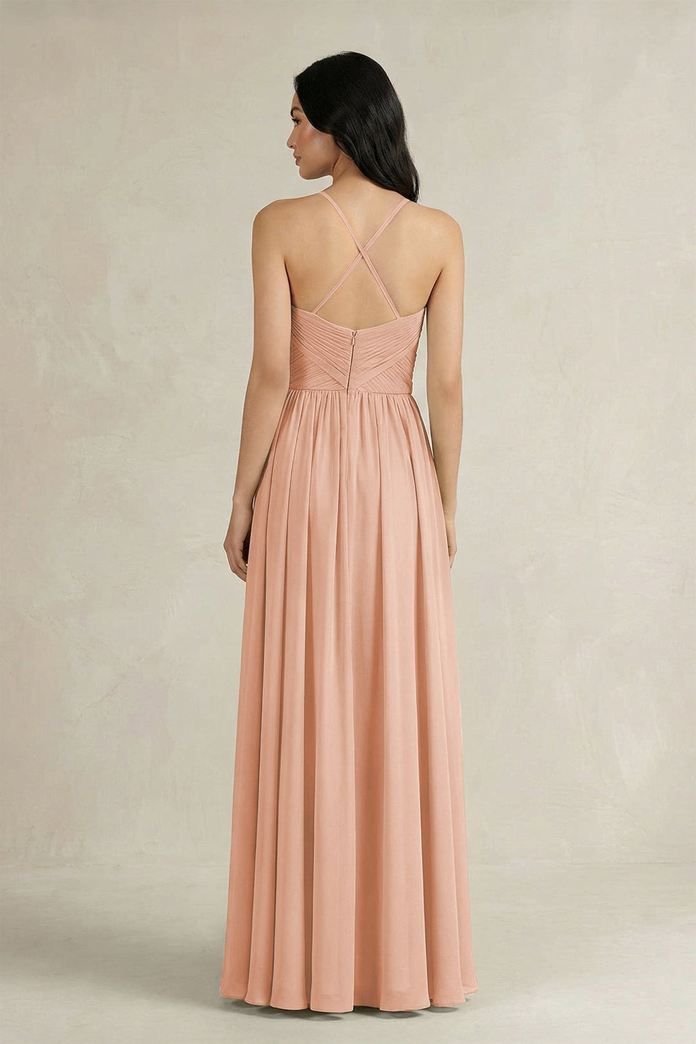 A - Line Pleated Spaghetti Strap Chiffon Bridesmaid Dress in English Rose - SHE IS ME Bridesmaid Dresses