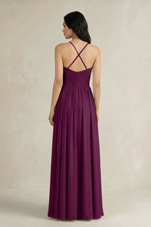 A - Line Pleated Spaghetti Strap Chiffon Bridesmaid Dress in Fig - SHE IS ME Bridesmaid Dresses