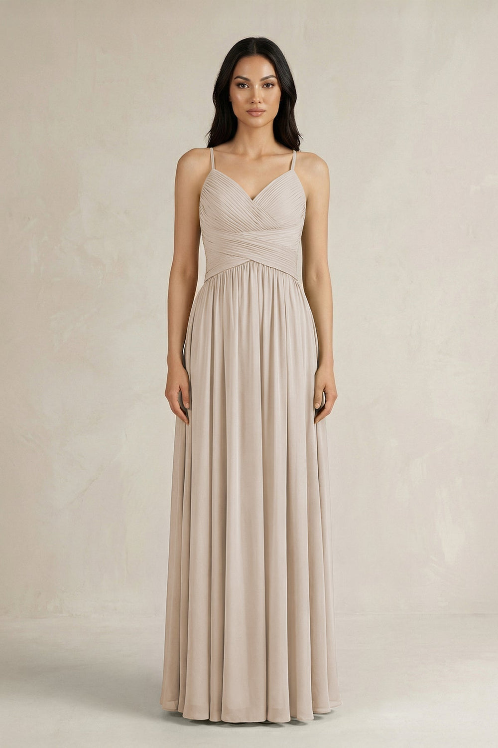 A - Line Pleated Spaghetti Strap Chiffon Bridesmaid Dress in Frost - SHE IS ME Bridesmaid Dresses