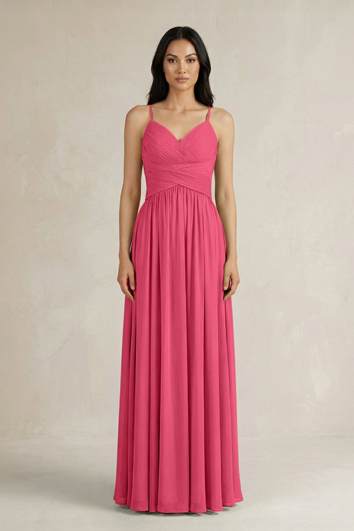 A - Line Pleated Spaghetti Strap Chiffon Bridesmaid Dress in Fuchsia - SHE IS ME Bridesmaid Dresses