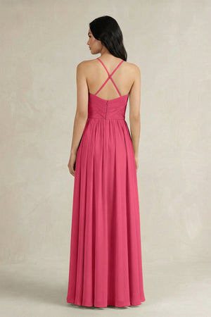 A - Line Pleated Spaghetti Strap Chiffon Bridesmaid Dress in Fuchsia - SHE IS ME Bridesmaid Dresses