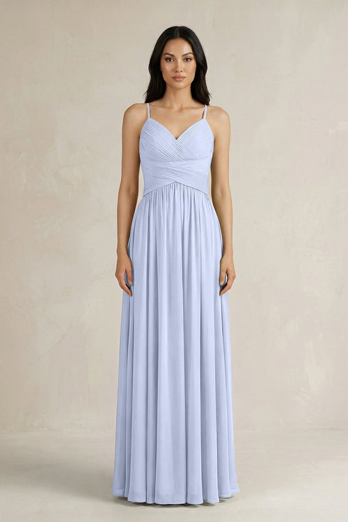 A - Line Pleated Spaghetti Strap Chiffon Bridesmaid Dress in Ice - SHE IS ME Bridesmaid Dresses
